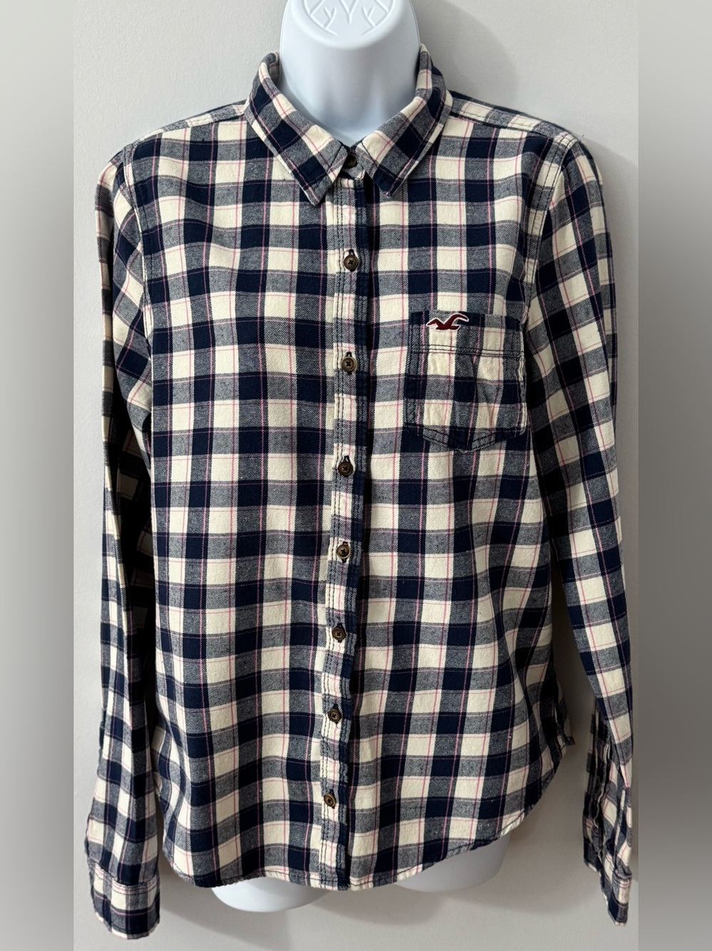 Hollister Flannel Button Up 100% Cotton Womens Juniors Large navy blue pink